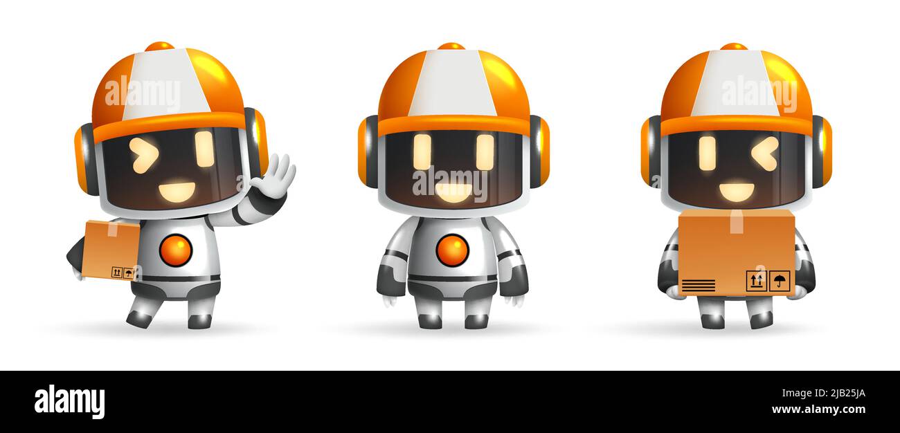 Roboter kawaii Charakter Vektor-Set. 3D Roboterfiguren stehen und halten Boxen mit freundlichem Gesichtsausdruck für niedlichen ai bot. Stock Vektor