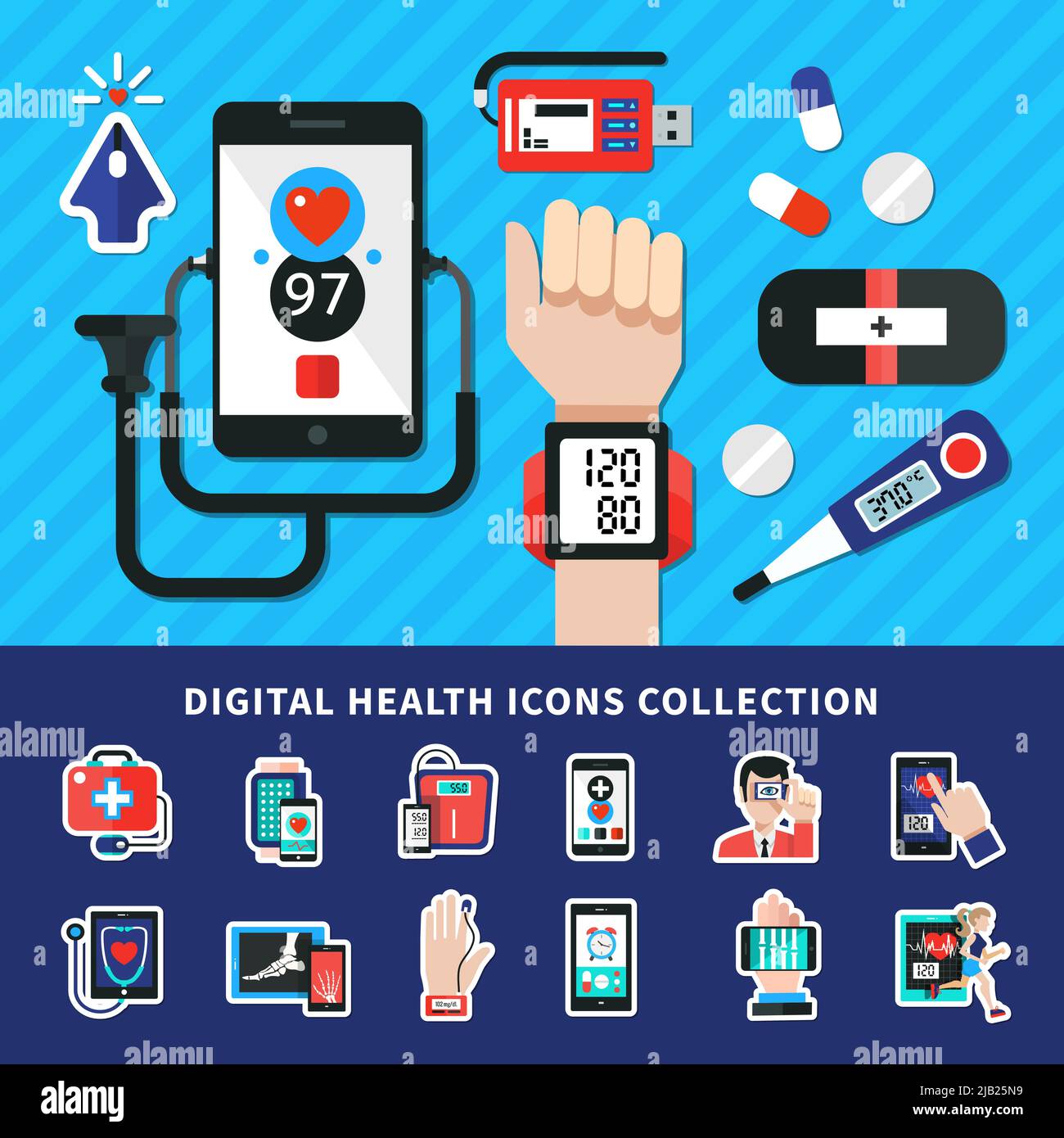 Digital Health Flat Banner Icons Sammlung mit medizinischen elektronischen mobilen tragbaren persönlichen Diagnosegeräten Symbole Vektor-Illustration Stock Vektor