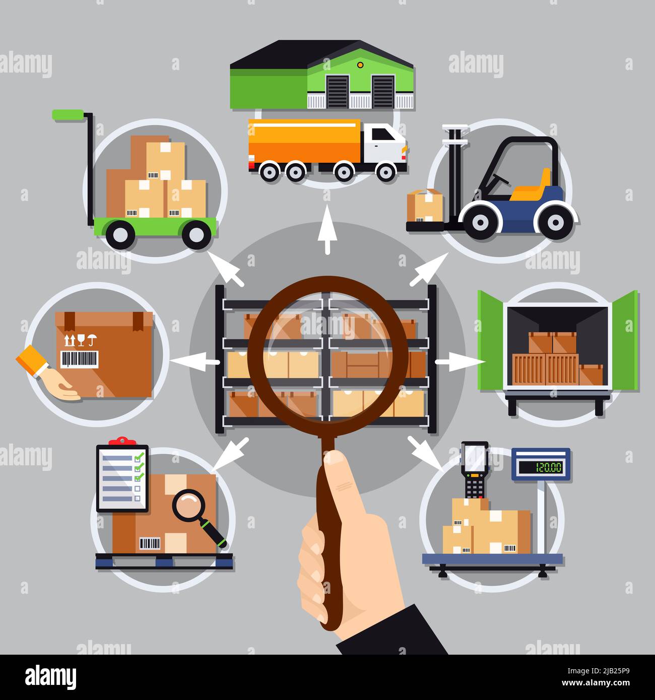 Auswahl der Lagerzusammensetzung auf grauem Hintergrund mit Lupe in der Hand, Vektor-Illustration für logistische Dienstleistungen Stock Vektor