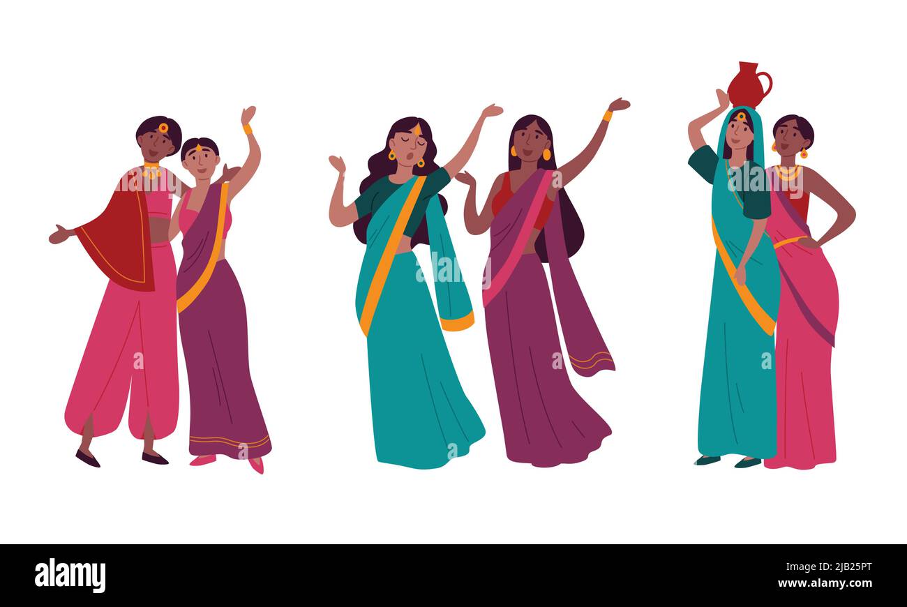 Indische Frauen in traditioneller nationaler Sari-Kleidung. Stock Vektor