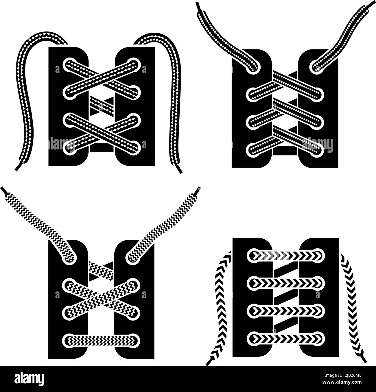 Criss-Cross und trendy gerade Bar Armee Stiefel Schuh Schnürung 4 schwarze Symbole setzen isoliert Vektor-Illustration Stock Vektor