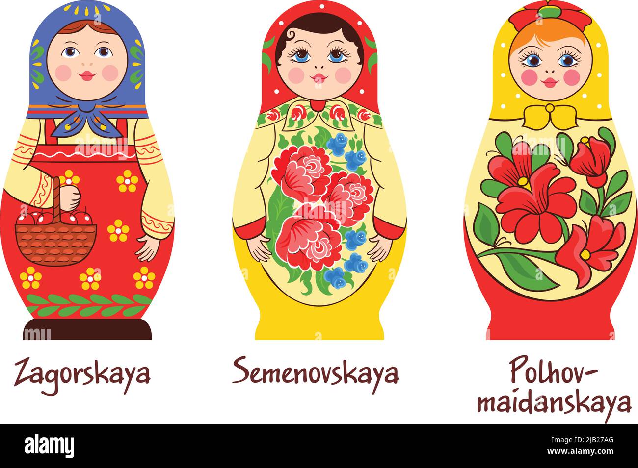 Russische traditionelle matryoshka Satz von drei isolierten Bildern mit verschiedenen gestapelten Puppen mit verschiedenen Malvorlagen Vektor-Illustration Stock Vektor