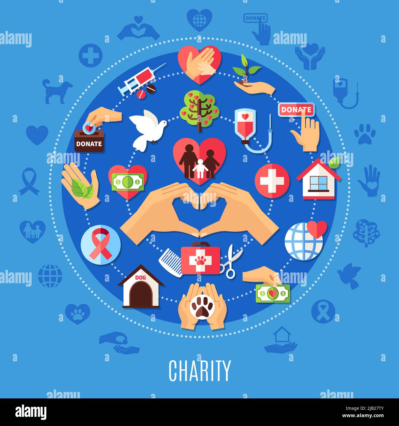 Charity Runde Komposition mit einem Satz von isolierten Emoji Stil Spende Symbole und dekorative Symbole mit Silhouetten Vektor Illustration Stock Vektor