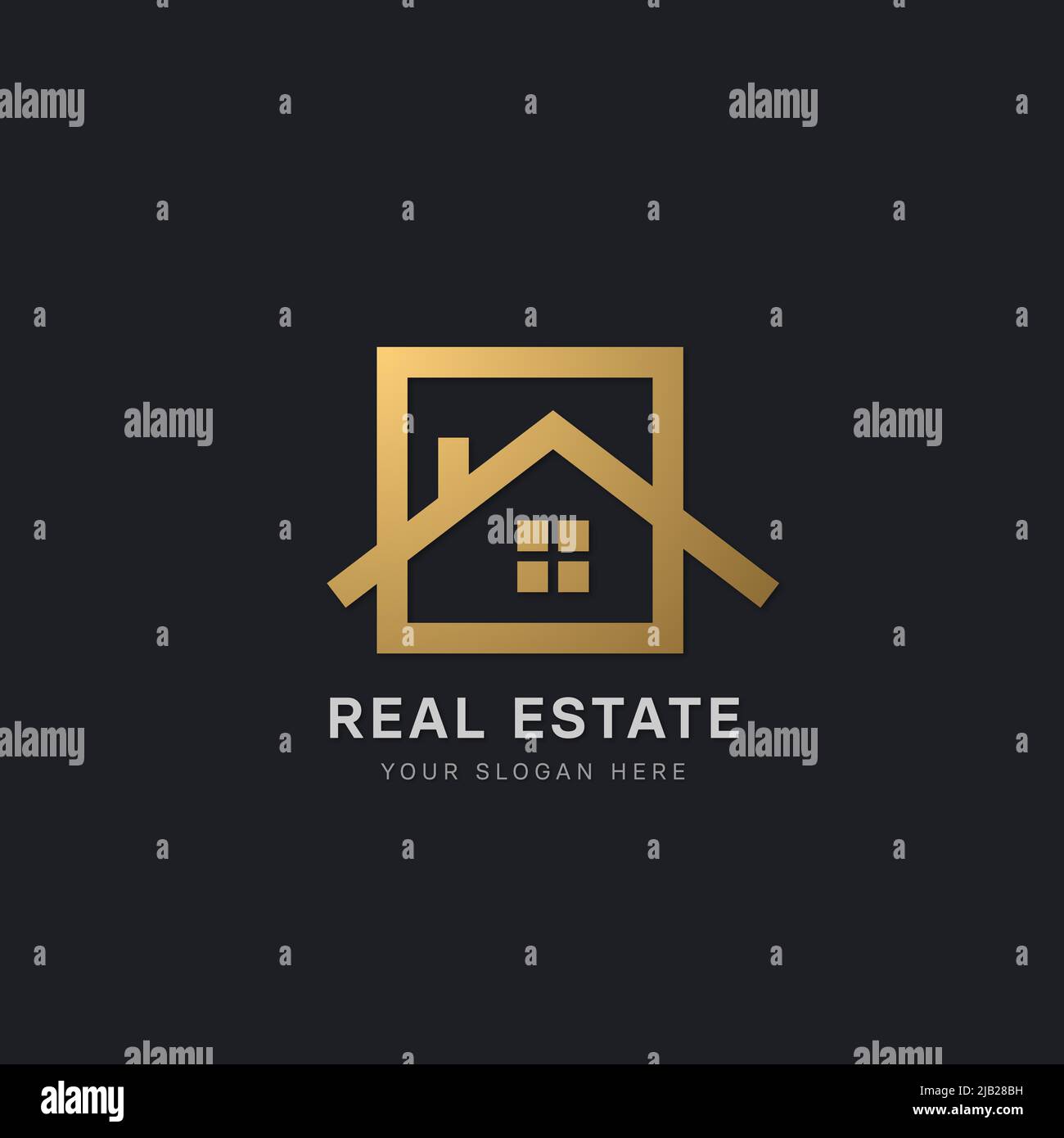 Immobilien-Logo in goldener Farbe mit einem einfachen und minimalistischen Haus als Designelement Stock Vektor