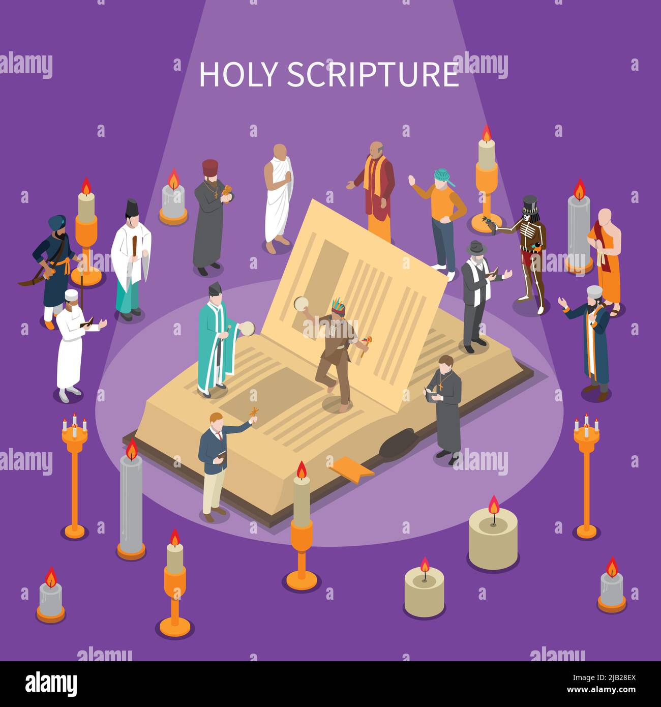 Heilige Schrift isometrische Komposition mit offenem Buch, Menschen aus den Weltreligionen, Kerzen auf violettem Hintergrund Vektor-Illustration Stock Vektor