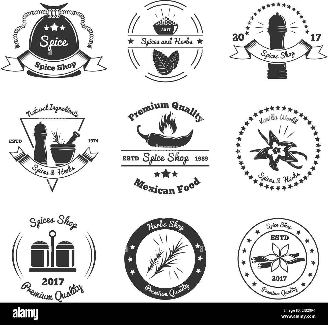Monochrome Embleme von Geschäften mit Gewürzen und Kräutern, kulinarischen Utensilien, Designelementen isoliert Vektor-Illustration Stock Vektor