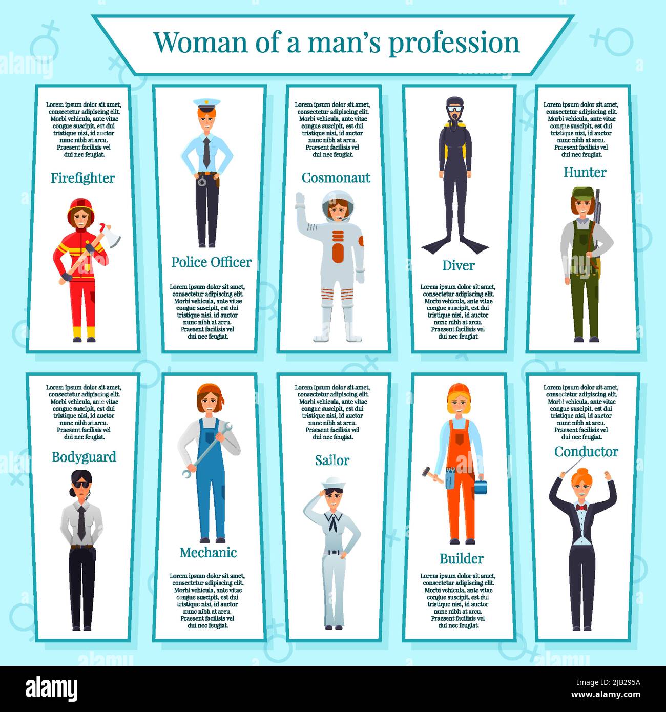 Frauenberufe Infografiken mit weiblichen Charakteren Bodyguard, Polizeioffizier, Baumeister, Dirigent, Kosmonaut auf blauem Hintergrund Vektor-Illustration Stock Vektor