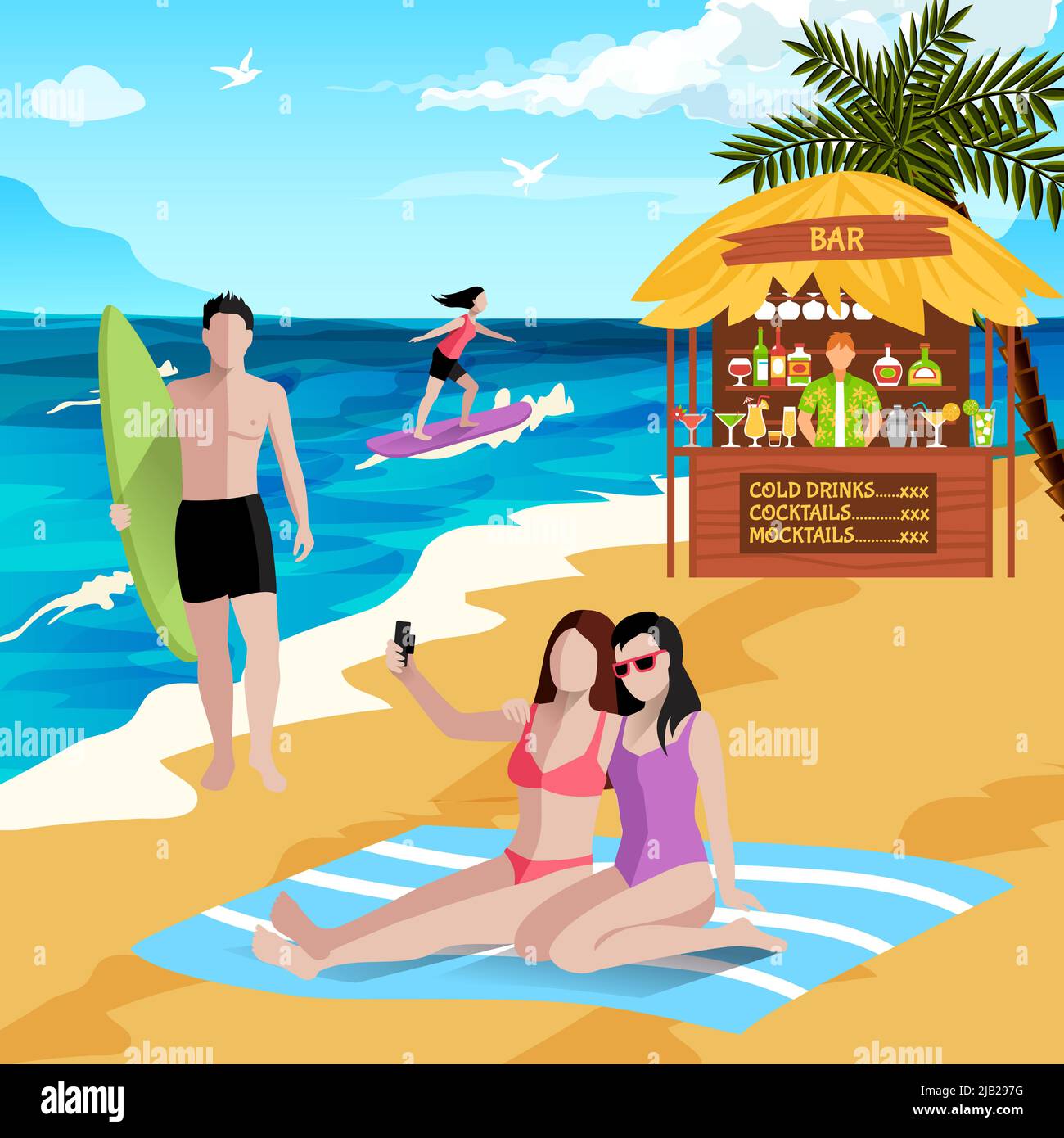 Menschen im Strandhintergrund mit gesichtslosen menschlichen Charakteren von Board-Surfern-Urlaubern, die Selfies mit Strandbar-Vektorgrafik machen Stock Vektor Menschen im Strandhintergrund mit gesichtslosen menschlichen Charakteren von Board-Surfern-Urlaubern, die Selfies mit Strandbar-Vektorgrafik machen Stock Vektor
