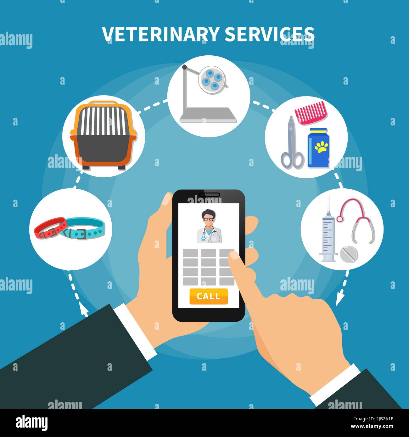 Veterinär-Service Online-Menü flach runde Symbole Zusammensetzung mit Hand halten Smart Handy Touchscreen Telefon Vektor Illustration Stock Vektor