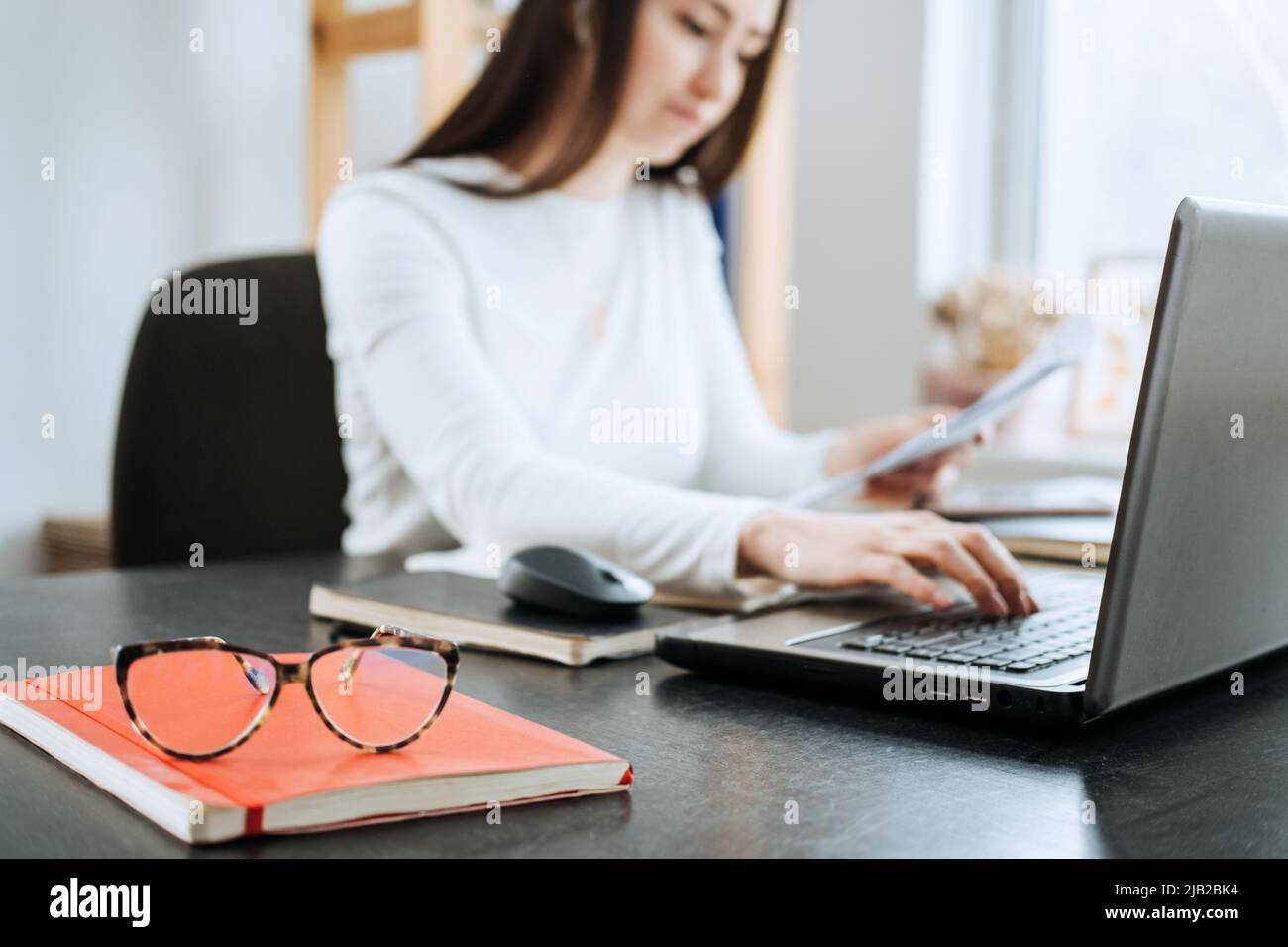 Buchhalter, Wirtschaftsprüfer erstellen und prüfen Finanzunterlagen. Remote Online Accounting Finance Jobs. Stockfoto