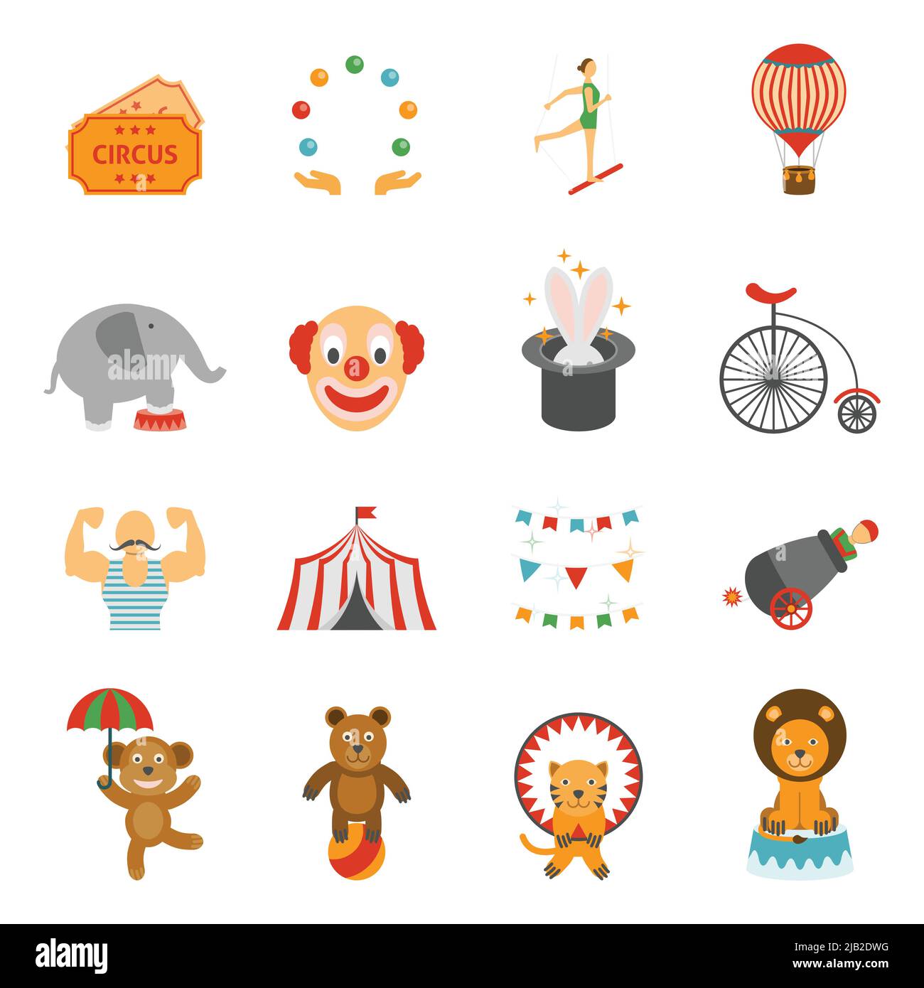 Reisen Chapiteau Zelt magische Leistung flache Ikonen mit Clown und Zirkus Tiere abstrakt isoliert Vektor-Illustration gesetzt Stock Vektor