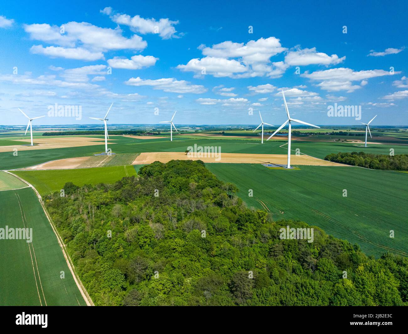 Draufsicht auf Land oder Grünland in einschließlich Landwirtschaft und grüner Umgebung. Stockfoto