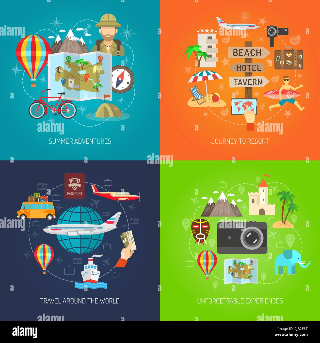 Sommer Abenteuer Reise zum Resort und Reise um die Welt flache Farbe dekorative Icon Set isoliert Vektor-Illustration Stock Vektor