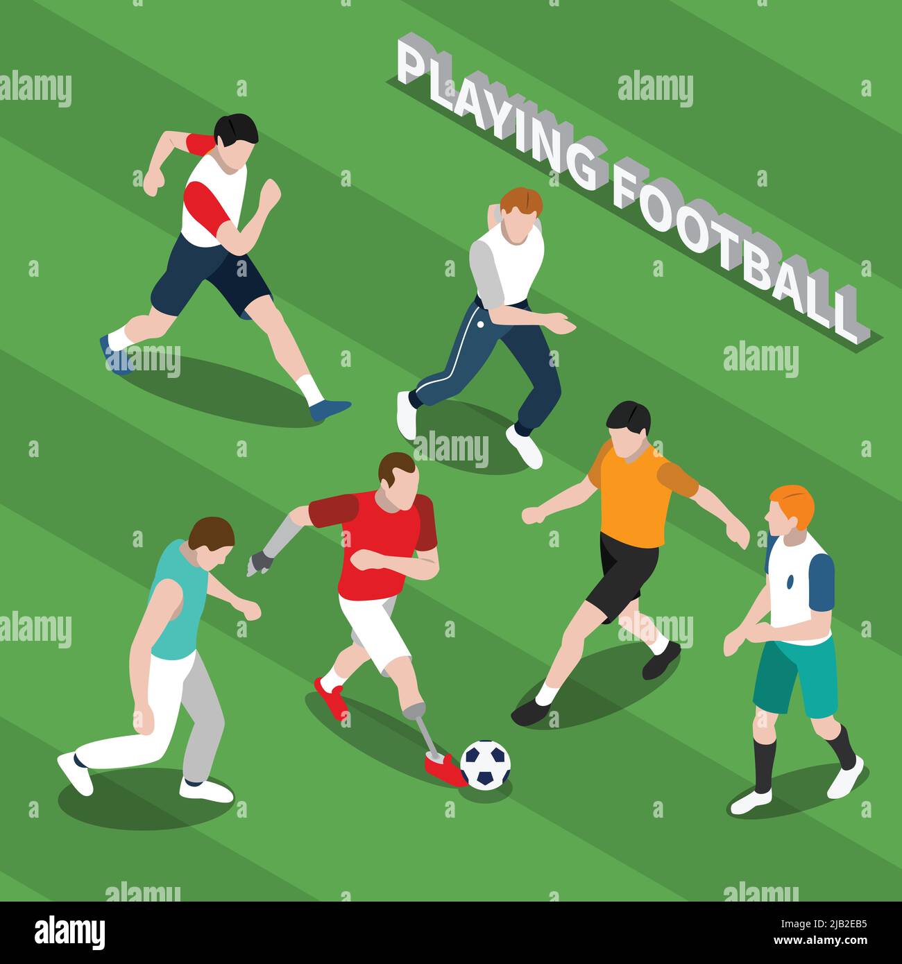 Behinderte Person mit prothetischen Gliedmaßen Fußball spielen mit gesunden Menschen auf grün strukturierten Hintergrund isometrische Vektor-Illustration Stock Vektor