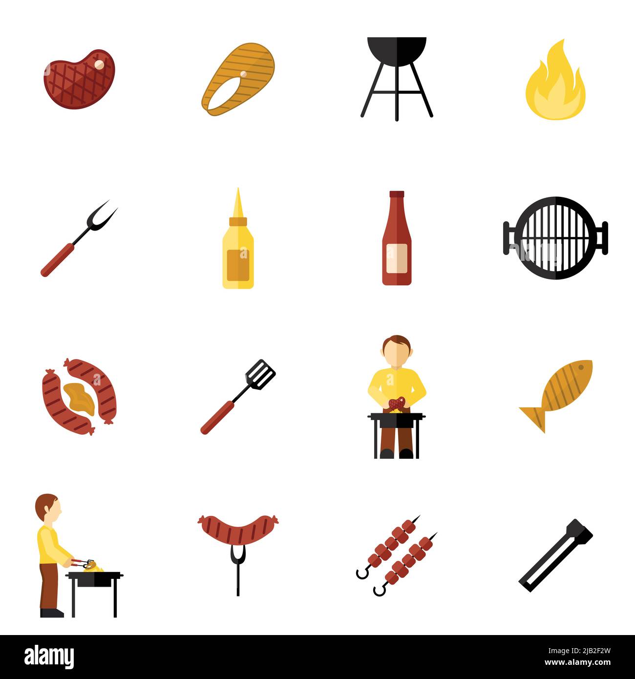 BBQ Grill Icon Flat Set mit Fleisch- und Fischsteaks und Kochgeschirr isoliert Vektorgrafik Stock Vektor