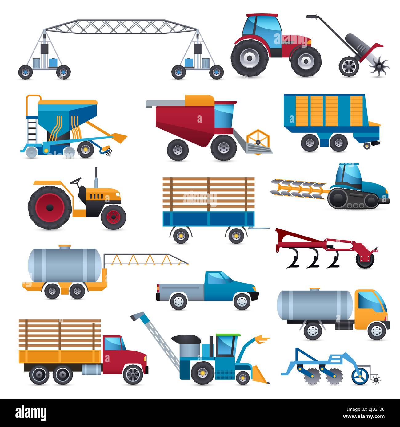 Symbole für landwirtschaftliche und landwirtschaftliche Maschinen mit Traktor kombinieren und pflügen flach isoliert Vektor-Illustration gesetzt Stock Vektor