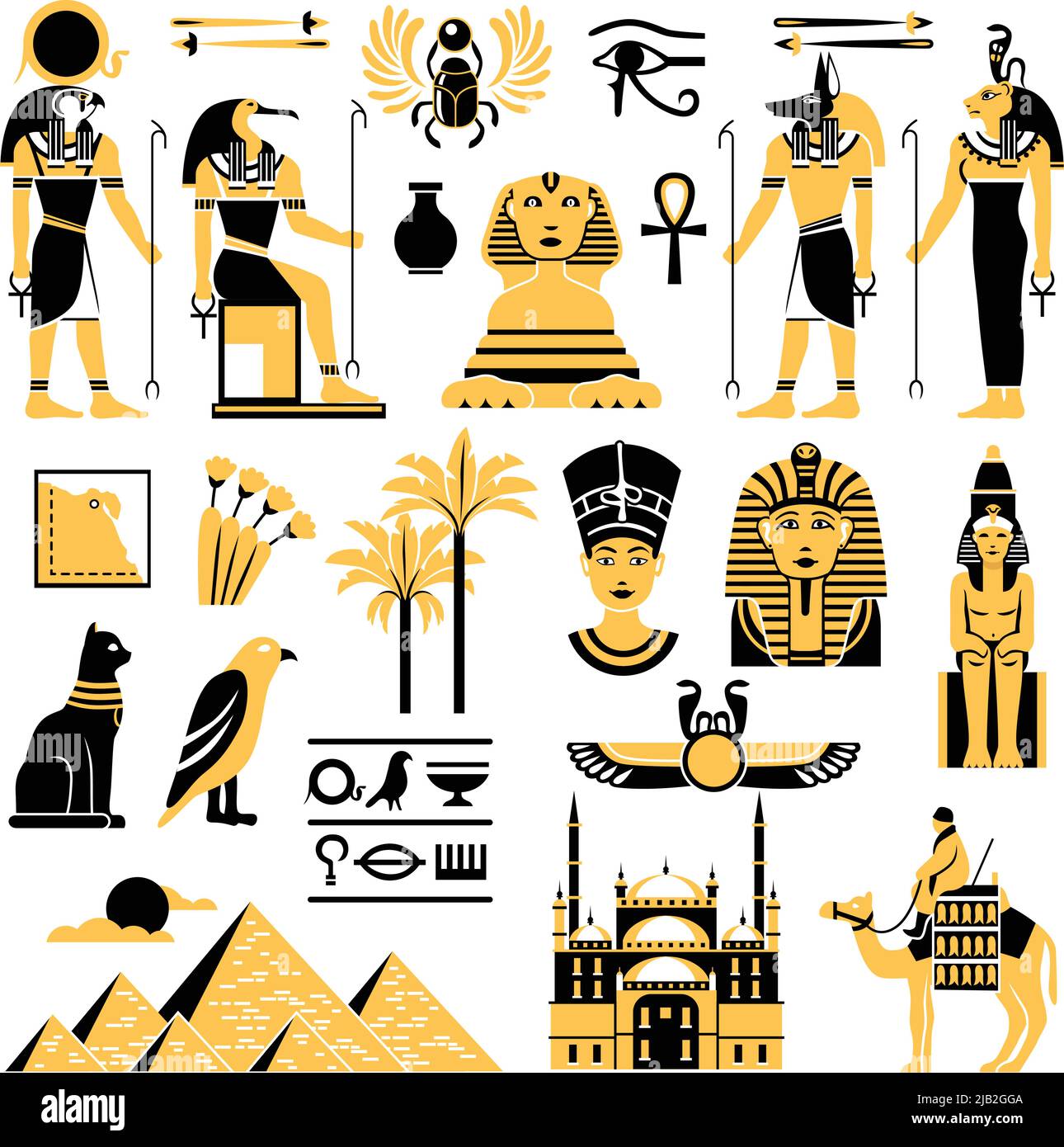 Ägypten Symbole in goldenen und schwarzen Farben mit alten ägyptischen Gottheiten Pyramide und Minarett flache Vektor-Illustration gesetzt Stock Vektor