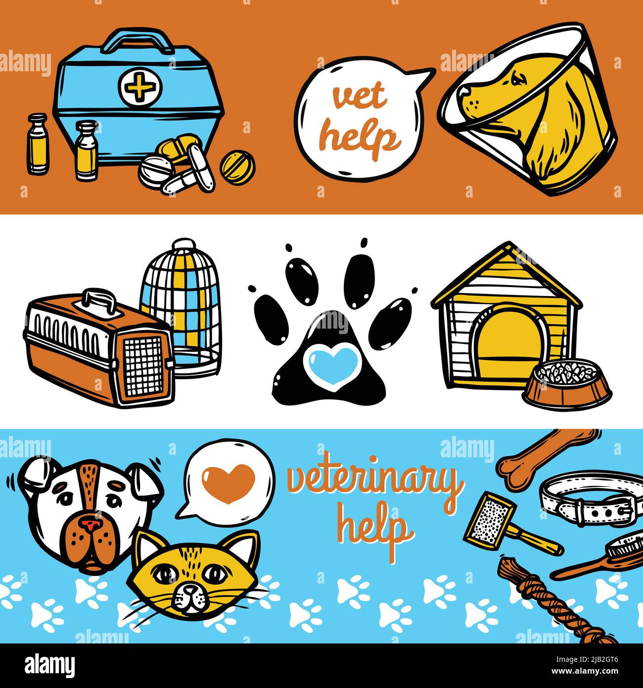 Veterinary Sketch horizontale Banner mit Tierarzt Hilfe Elemente isoliert Vektor-Illustration gesetzt Stock Vektor