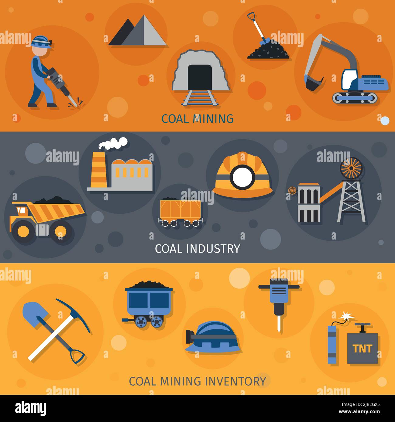 Horizontale Banner für die Kohleindustrie mit isolierten Vektorgrafiken für Bergbaubestandteile Stock Vektor