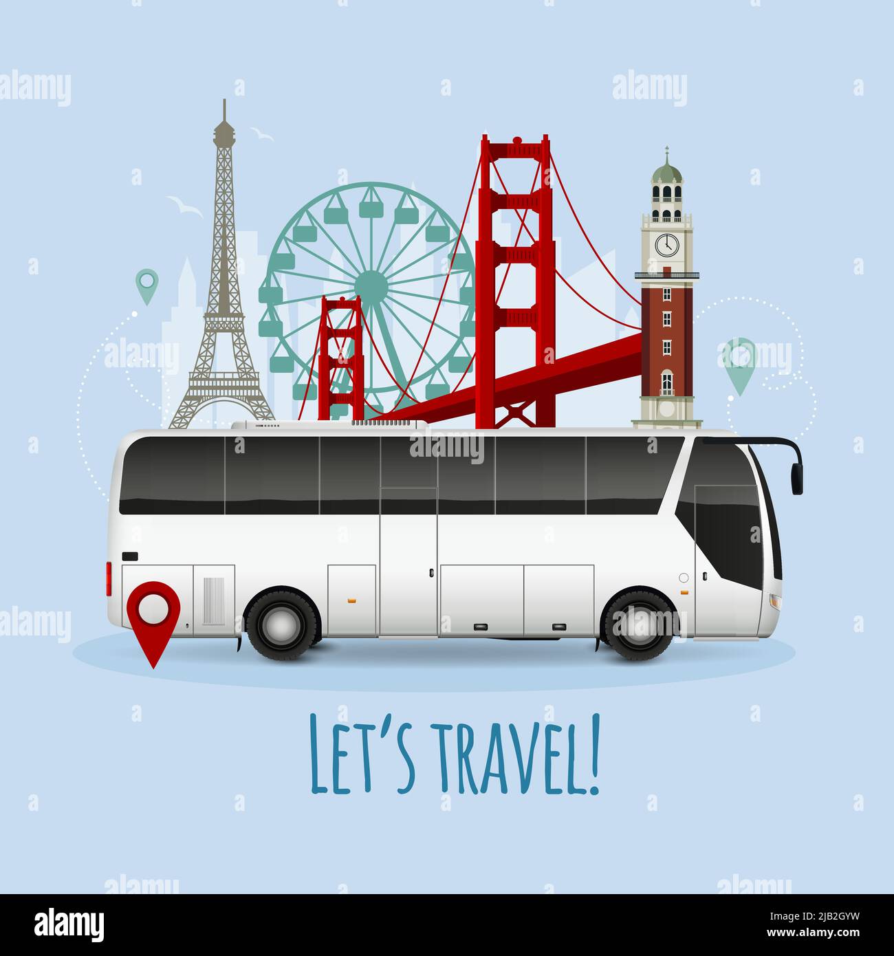 Realistischer Touristenbus mit europäischen Wahrzeichen wie eiffelturm und Riesenrad auf blauem Hintergrund Vektorgrafik Stock Vektor