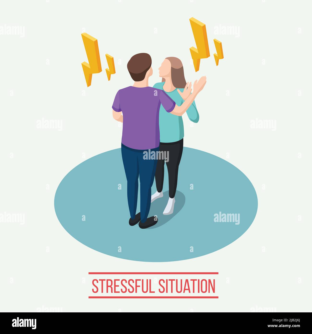 Stressige Situation isometrische Zusammensetzung mit gelben Blitzen um Mann und Frau während der emotionalen Kommunikation Vektor Illustration Stock Vektor