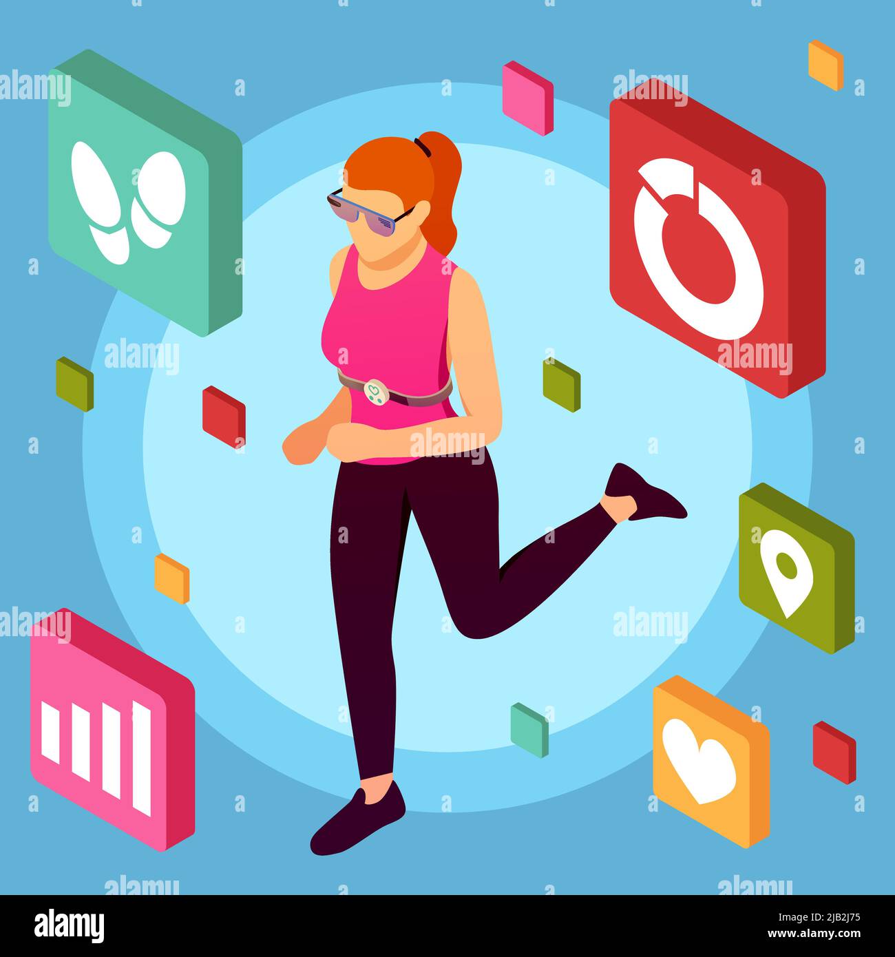 Isometrische tragbare Sportgeräte Hintergrund mit weiblichen menschlichen Charakter dabei Übungen mit mobilen Fitness-Anwendung Piktogramme Vektor illus Stock Vektor