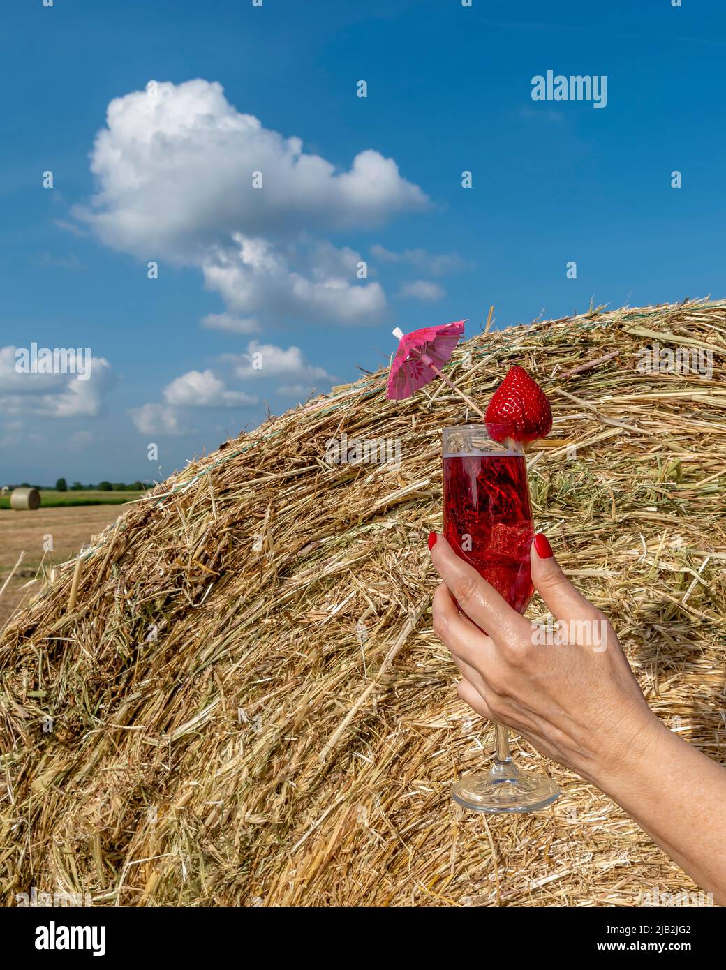 Eine weibliche Hand mit einem Kelch, der einen Erdbeercocktail enthält, gegen einen Heuballen unter einem wunderschönen Himmel Stockfoto
