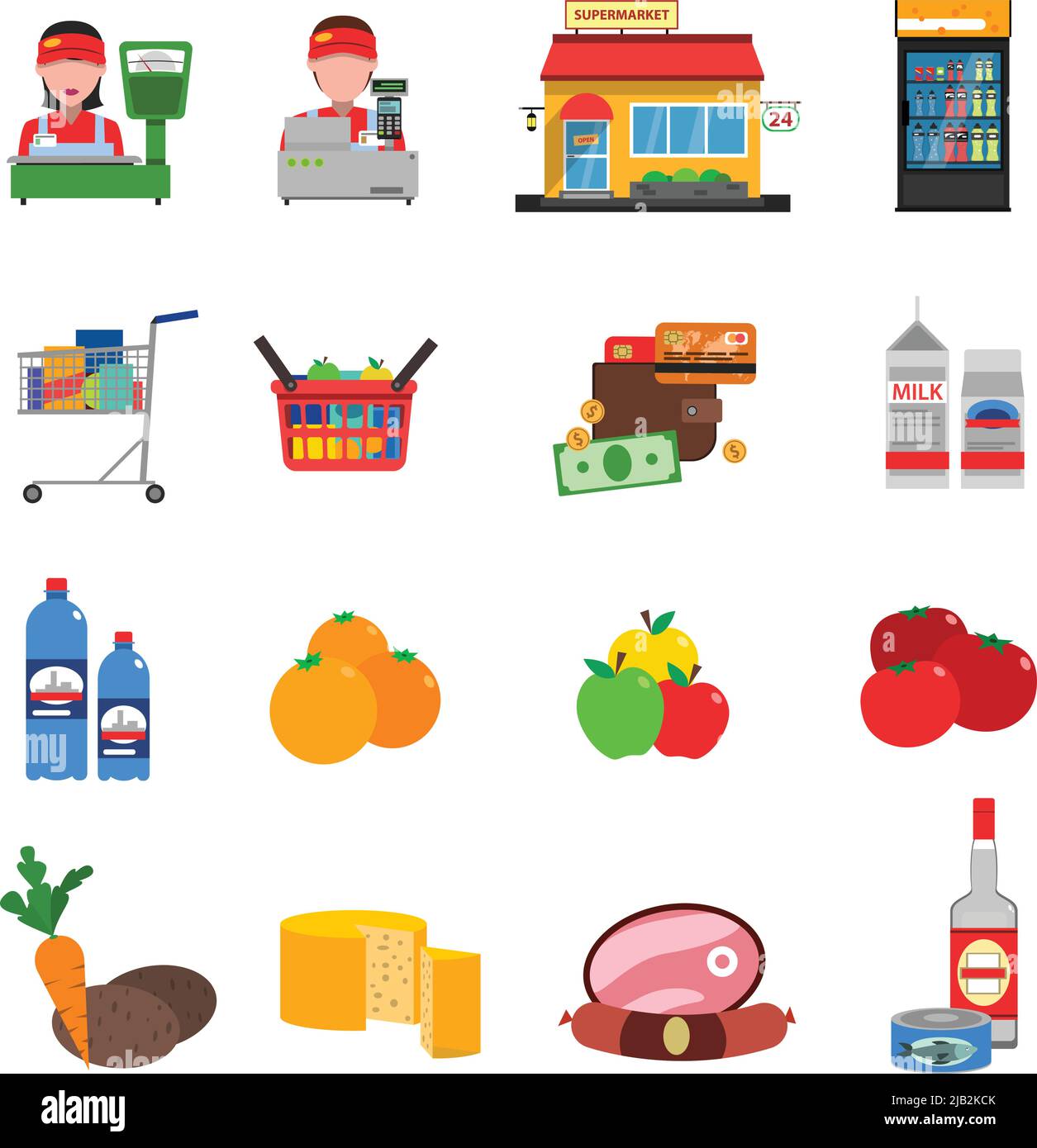 Supermarkt flache Symbole mit Lebensmitteln Kasse und Geld isoliert Vektor-Illustration gesetzt Stock Vektor