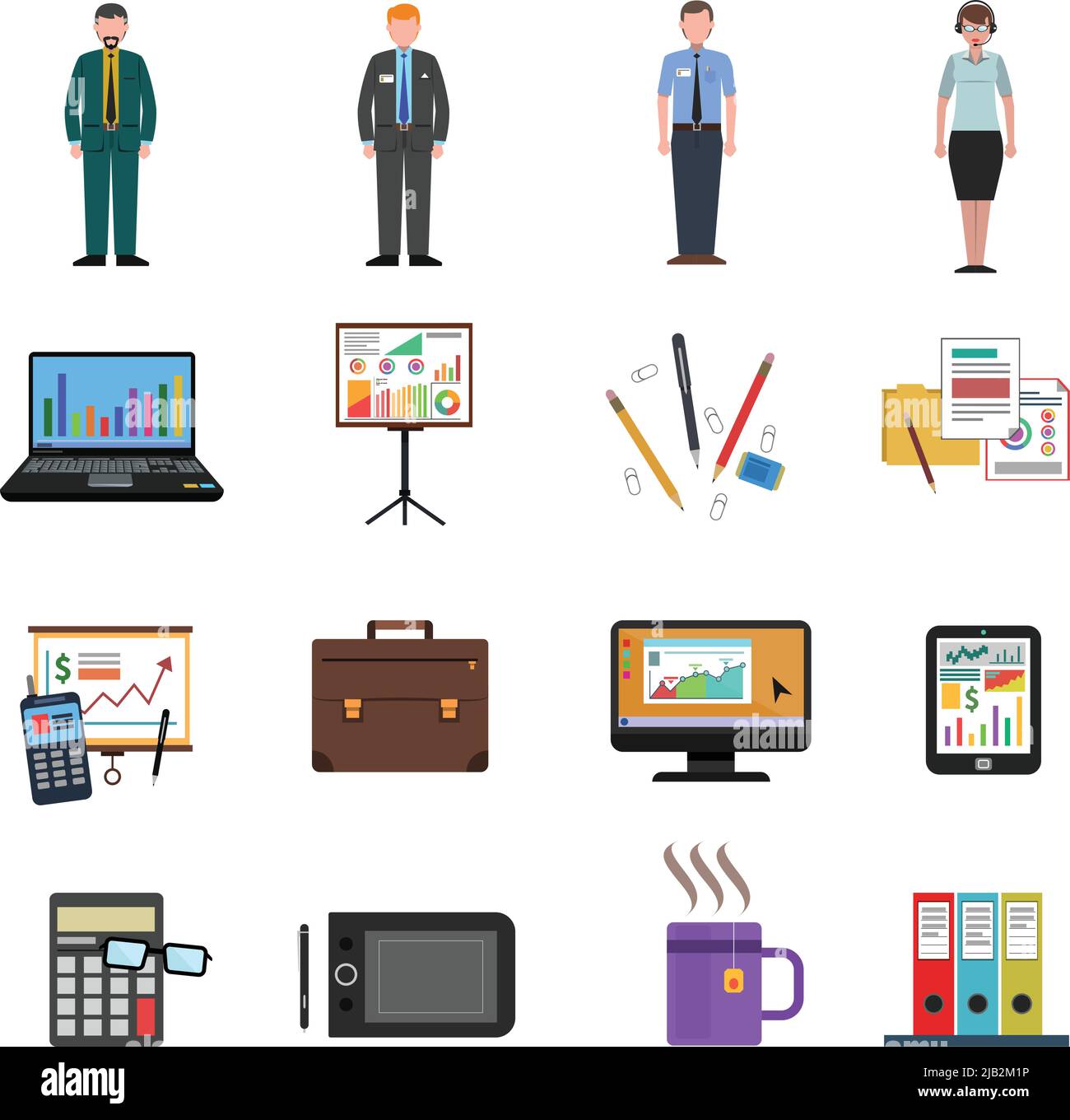 Bürosymbole, flaches Set mit Werker-Avataren und Schreibwaren-Symbolen, isolierte Vektorgrafik Stock Vektor