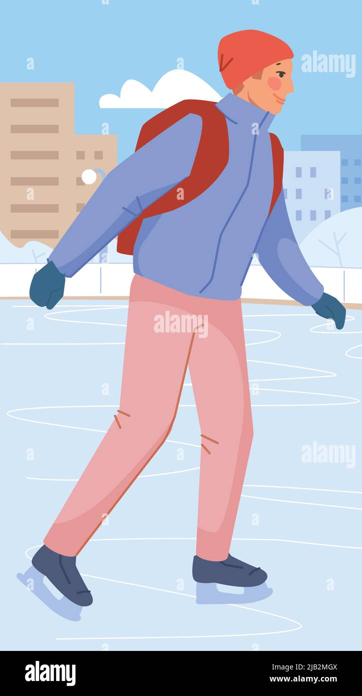 Mann Eislaufen in Winterparklandschaft. Aktivität in der kalten Jahreszeit. Vektorgrafik Stock Vektor