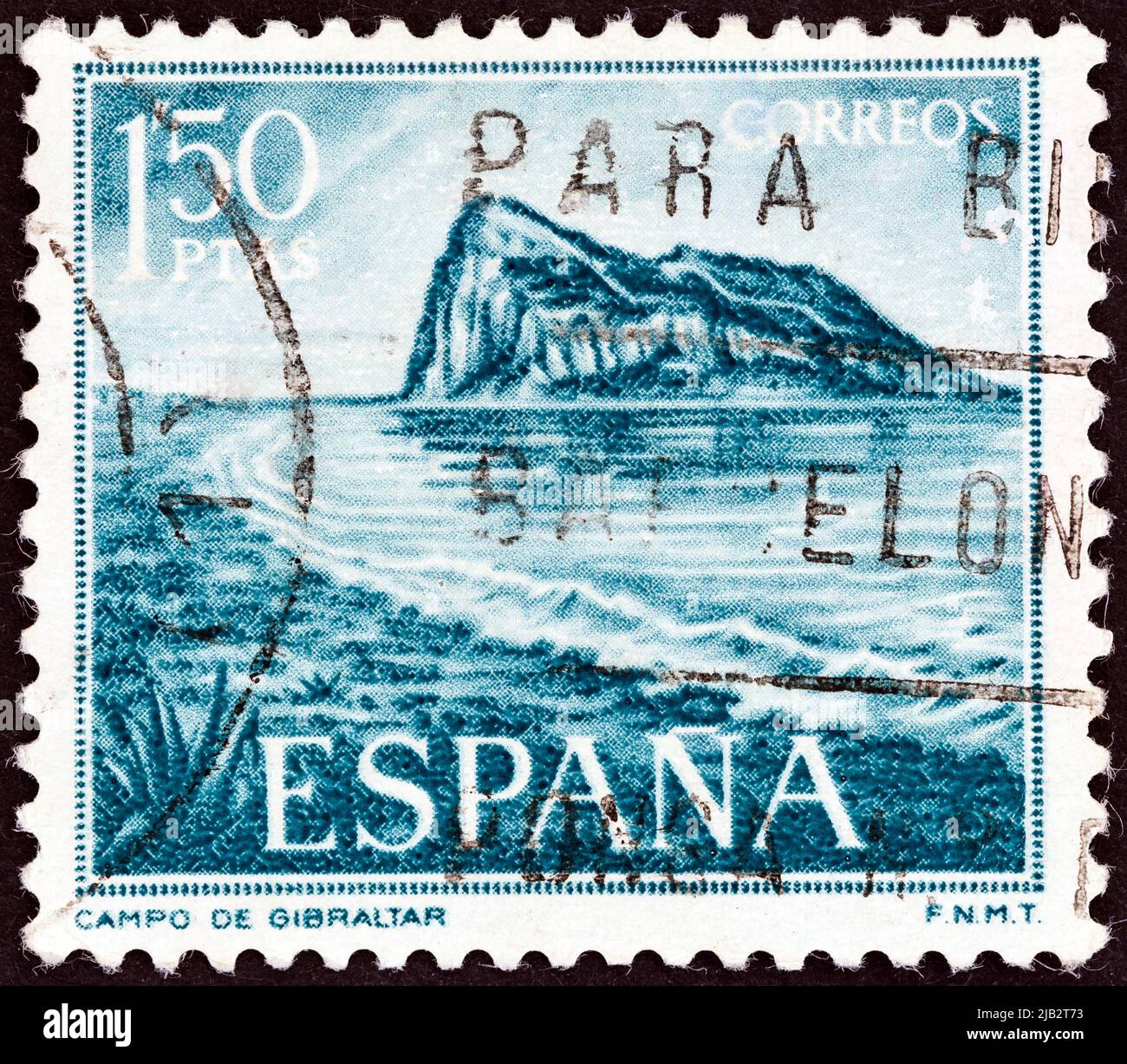 SPANIEN - UM 1969: Eine in Spanien gedruckte Briefmarke zeigt den Felsen von Gibraltar, um 1969. Stockfoto