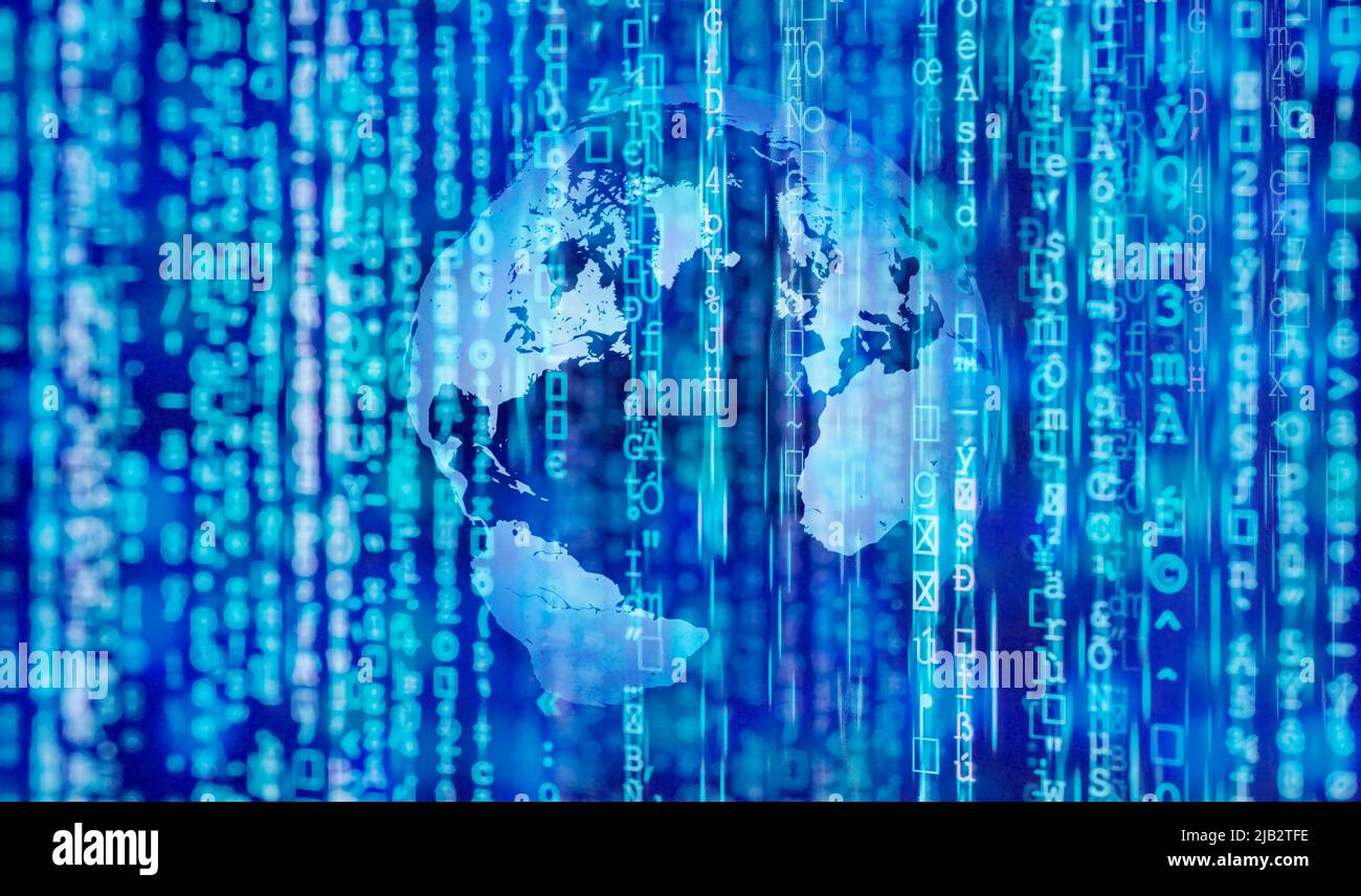 Digitaler Hintergrund in Blau mit Globus und Matrix Stockfoto