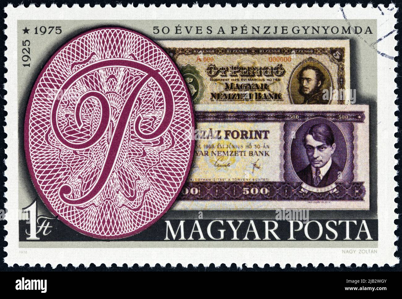 UNGARN UM 1976 Eine in Ungarn gedruckte Briefmarke zeigt Banknoten