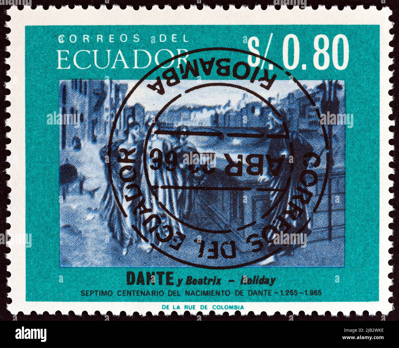 ECUADOR - UM 1966: Eine in Ecuador gedruckte Briefmarke zeigt Dante und Beatrice von Henry Holiday 700. Geburtsstunde, um 1966. Stockfoto