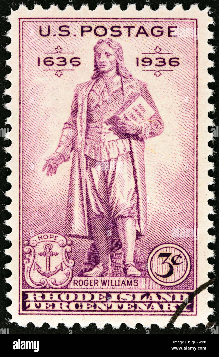 USA - UM 1936: Eine in den USA gedruckte Briefmarke zeigt Roger Williams (von Statue im Roger Williams Park, Providence, R. I.), um 1936. Stockfoto