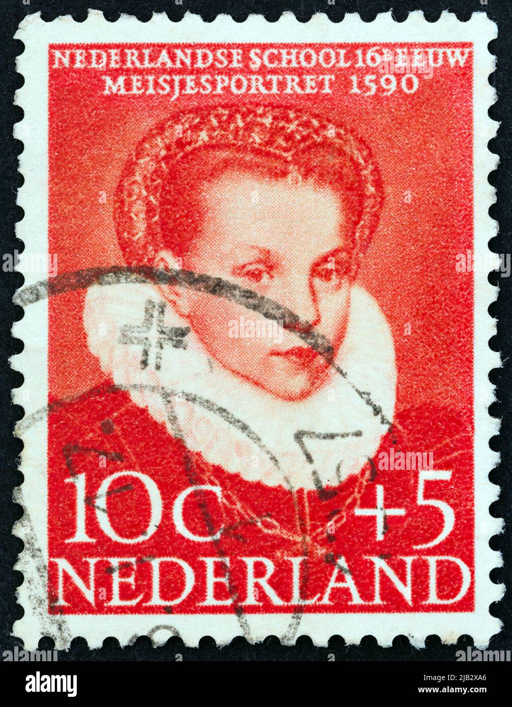 NIEDERLANDE - UM 1956: Eine in den Niederlanden gedruckte Briefmarke aus der Ausgabe '16.-century Dutch Paintings' zeigt Portrait of a Girl, um 1956. Stockfoto