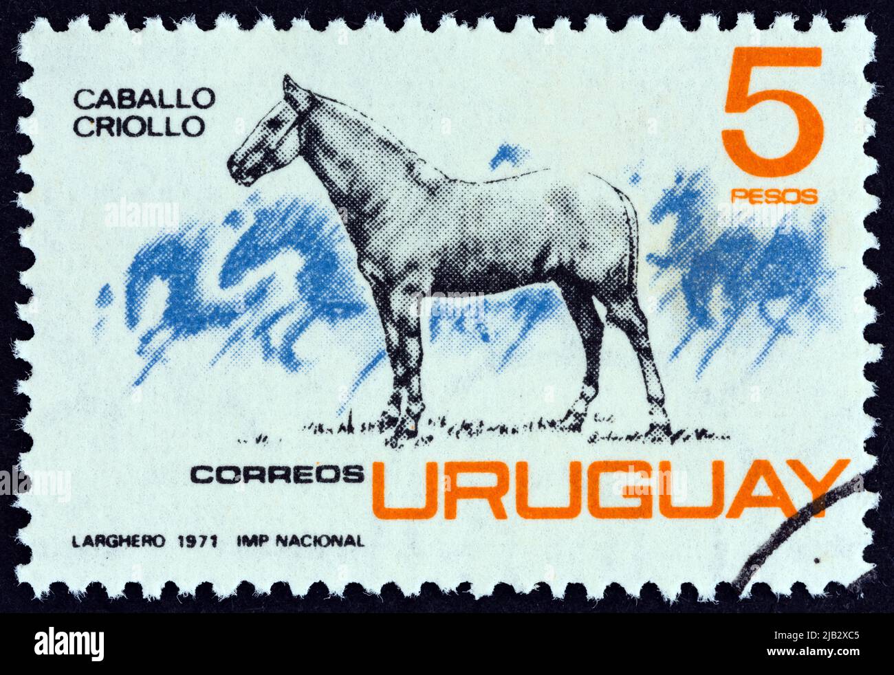 URUGUAY - UM 1971: Eine in Uruguay gedruckte Briefmarke zeigt Criollo-Pferd, um 1971. Stockfoto
