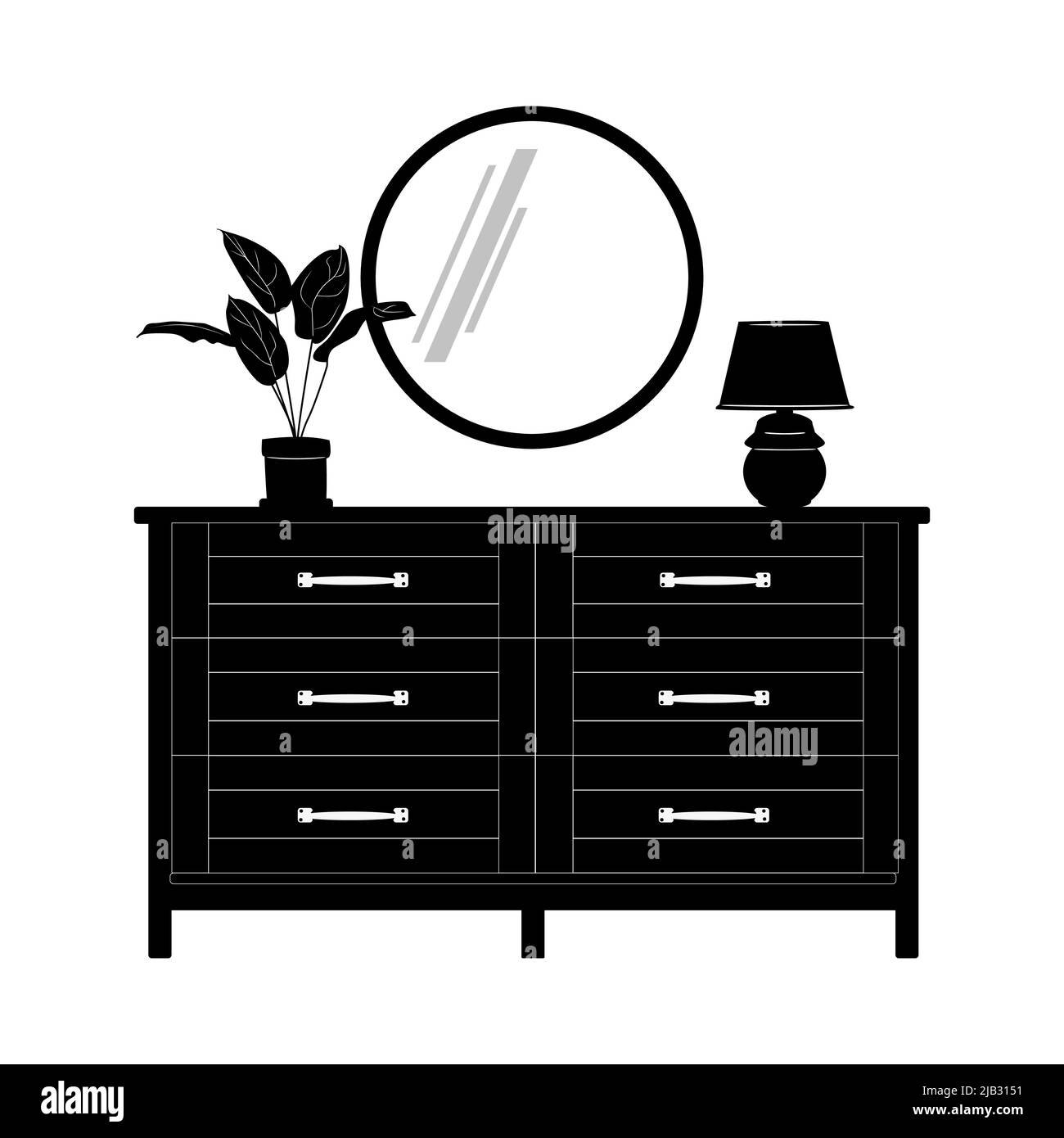 Kommode mit Spiegel, Pflanze in Topf und lamp.Dresser oder Nachttisch Silhouette.Bedroom interior.Chest der Schubladen Icon.Vintage Möbel für Wohnzimmer Stock Vektor