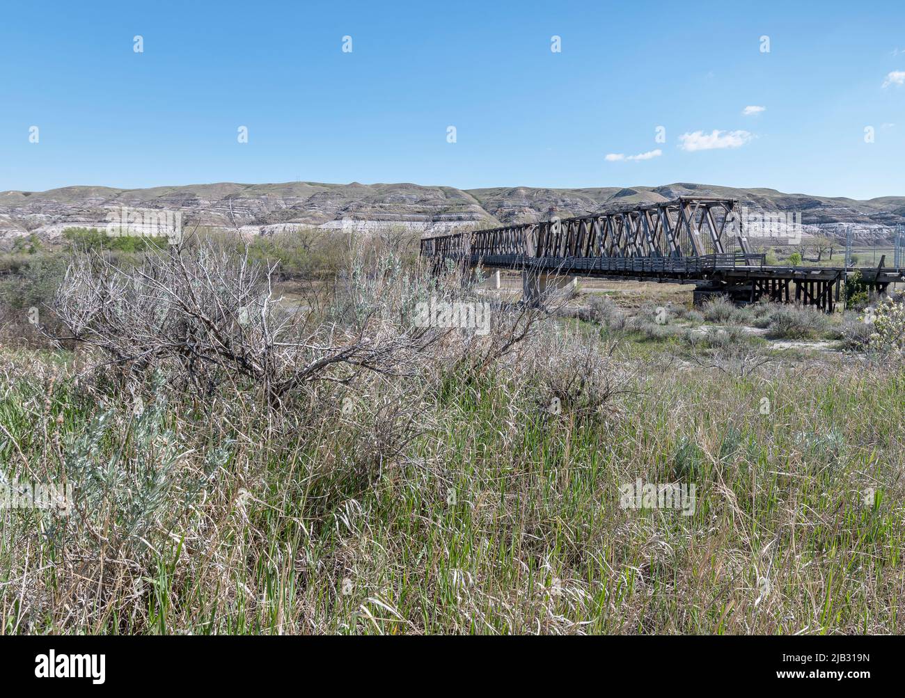 Historische Howe-Eisenbahnbrücke über den Red Deer River in der Nähe von Drumheller Stockfoto