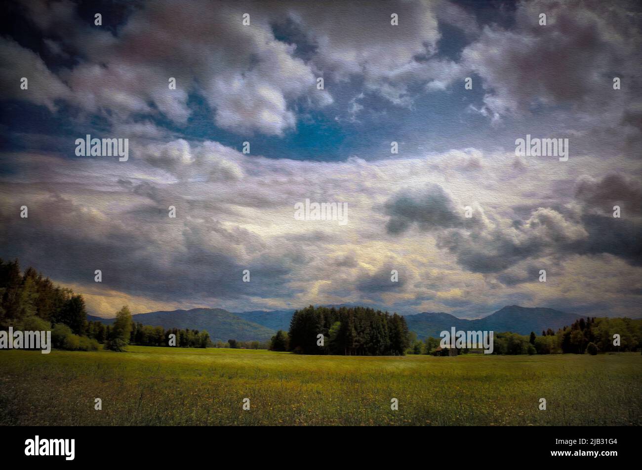 ZEITGENÖSSISCHE KUNST: Big Sky über Loisach Moor bei Bichl, Oberbayern, Deutschland Stockfoto