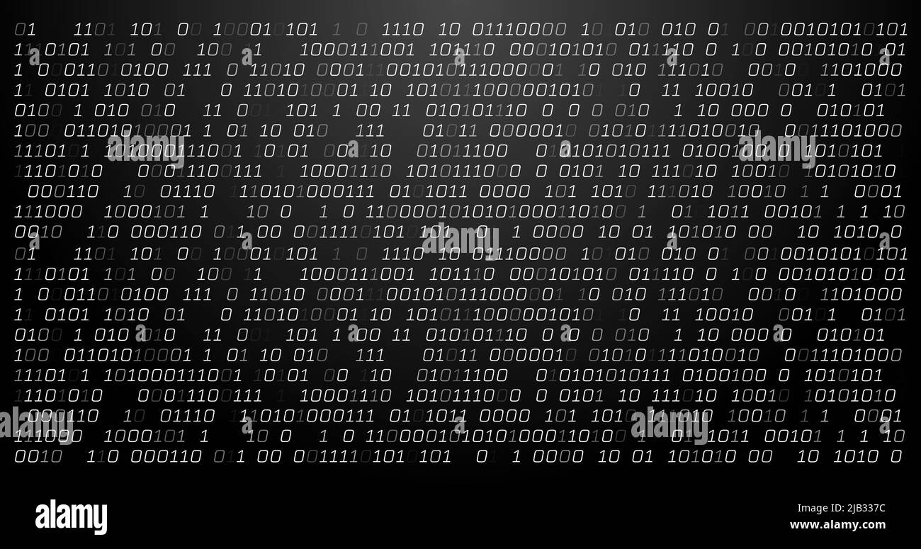 Bild der binären Codierungsdatenverarbeitung auf schwarzem Hintergrund Stockfoto