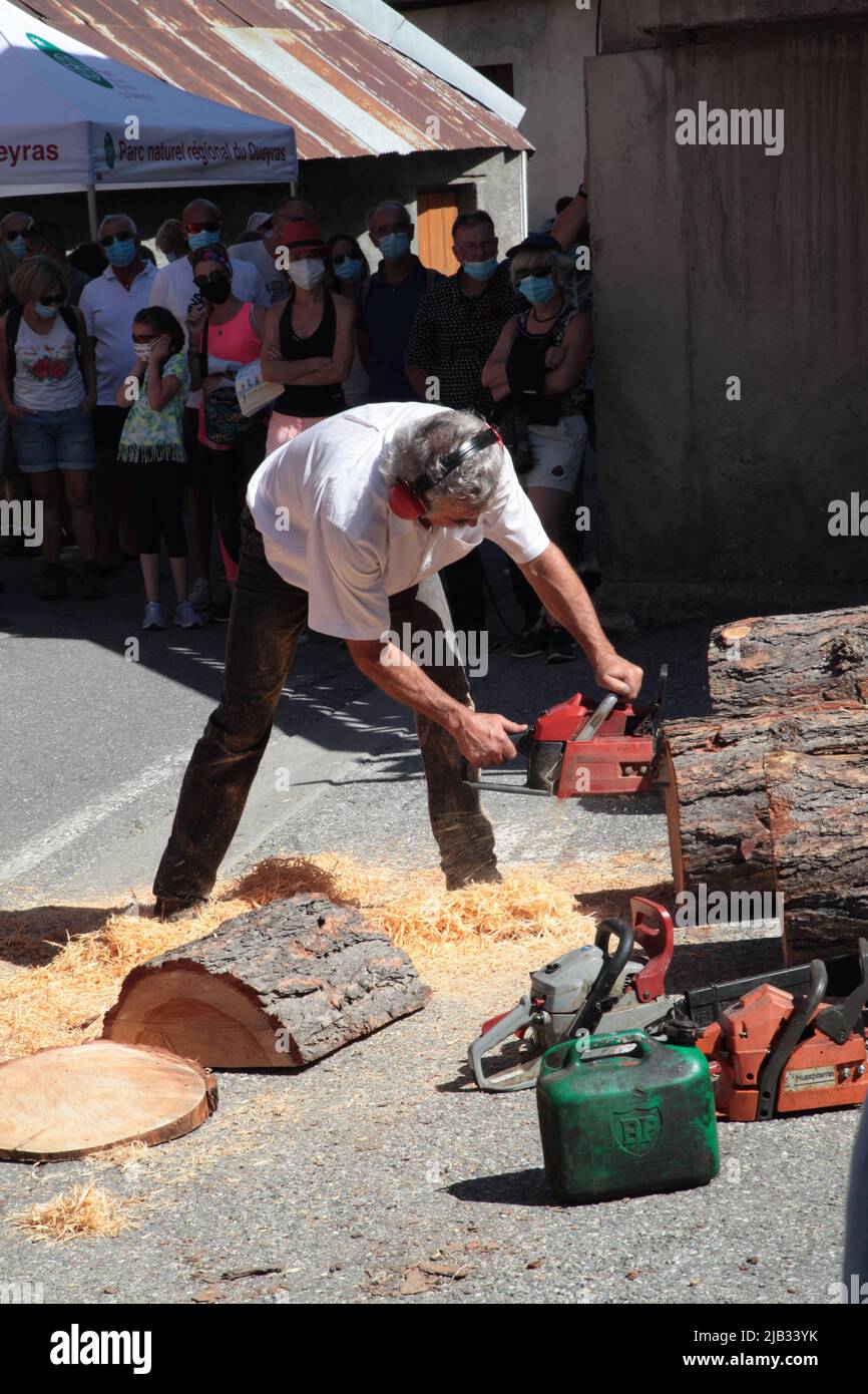 Sculpteur sur bois, Fête du Village de Vars Sainte-Marie un 15 août, Hautes-Alpes Stockfoto