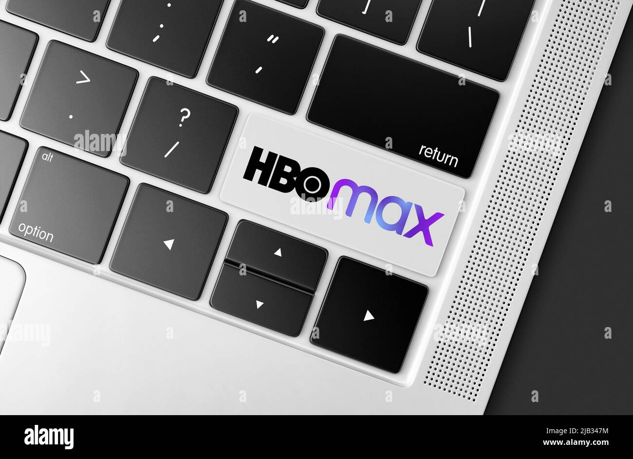 Dedizierte HBO Max Video-Reming-Plattform-Taste auf Computer-Tastatur, Konzept Bild der globalen Kommunikation Stockfoto