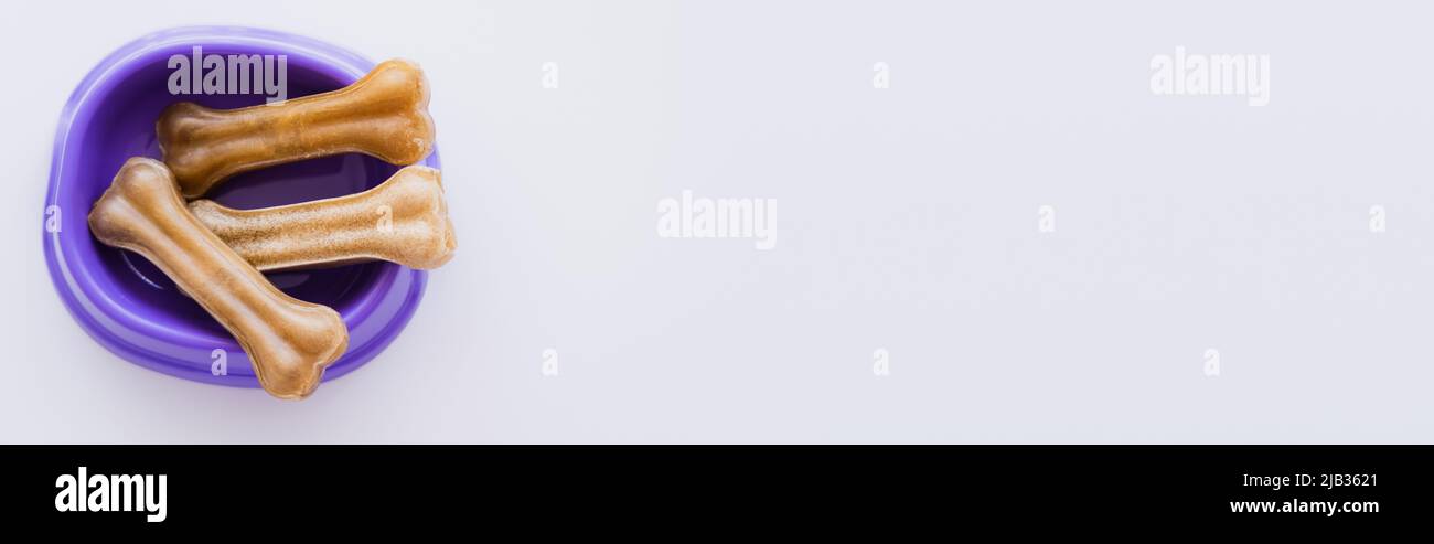 Draufsicht auf knochenförmige Leckereien in violetter Schale isoliert auf weißem Banner Stockfoto