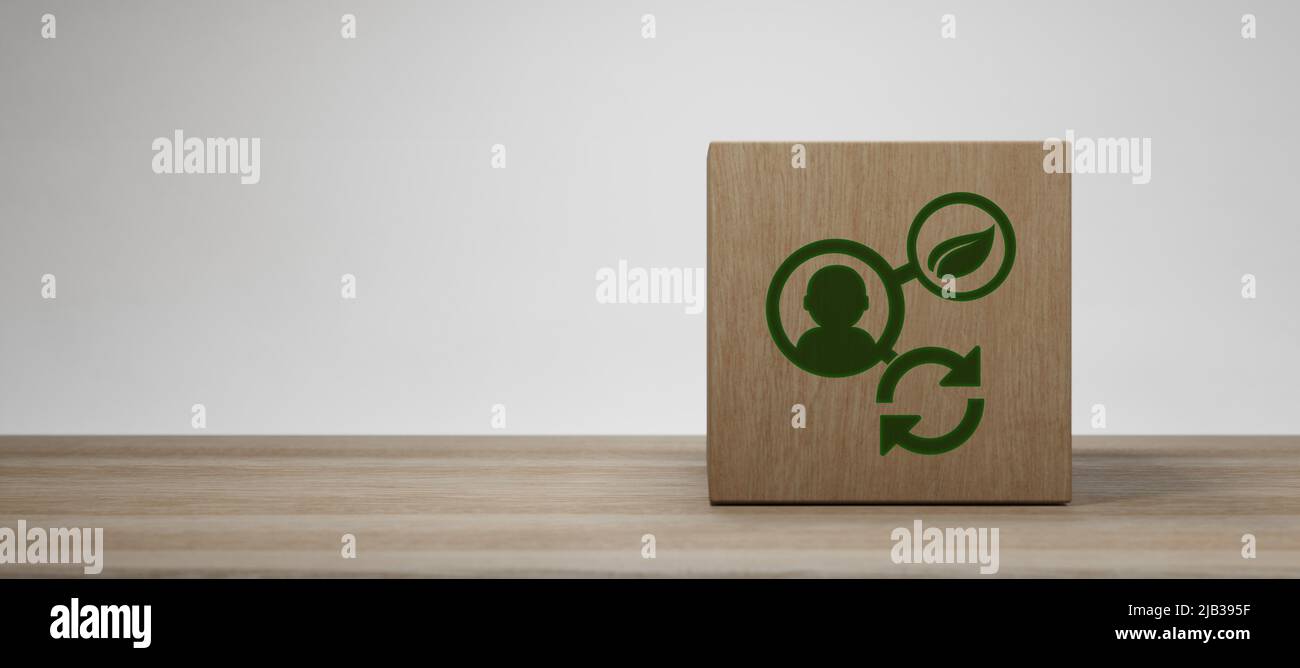 Nachhaltigkeit und Verantwortung Ökologie Konzept Holz 3D Rendering Stockfoto