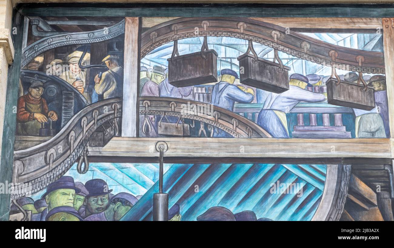 Detail, Nordwand, Detroit Industry Murals (1932–1933), Fresken von Diego Rivera, die die Industrie bei der Ford Motor Company und in Detroit, USA, darstellen Stockfoto