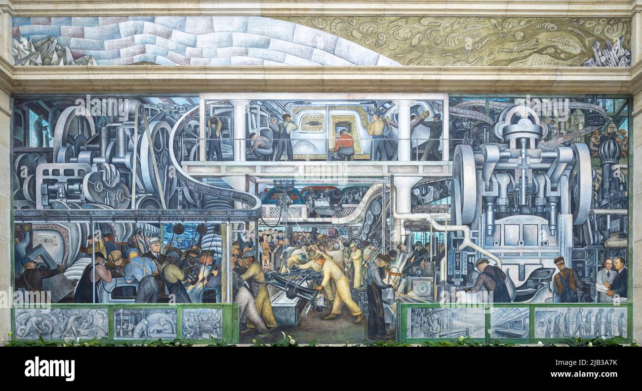 south Wall, die Detroit Industry Murals (1932–1933), Fresken von Diego Rivera, die die Industrie bei der Ford Motor Company und in Detroit, USA, darstellen Stockfoto