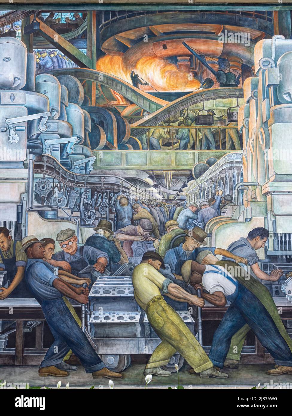Detail, Nordwand, die Detroit Industry Murals (1932–1933), Fresken von Diego Rivera, die die Industrie bei der Ford Motor Company und in Detroit, USA, darstellen Stockfoto