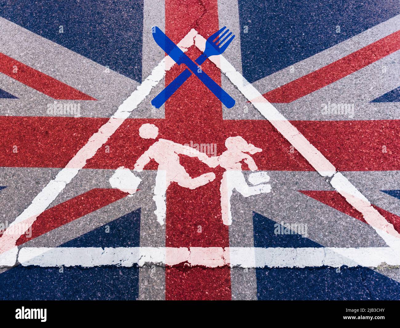 Britische Flagge auf der Straßenmarkierung der Schule voraus. Kostenlose Schulmahlzeiten Konzept Bild. VEREINIGTES KÖNIGREICH Stockfoto