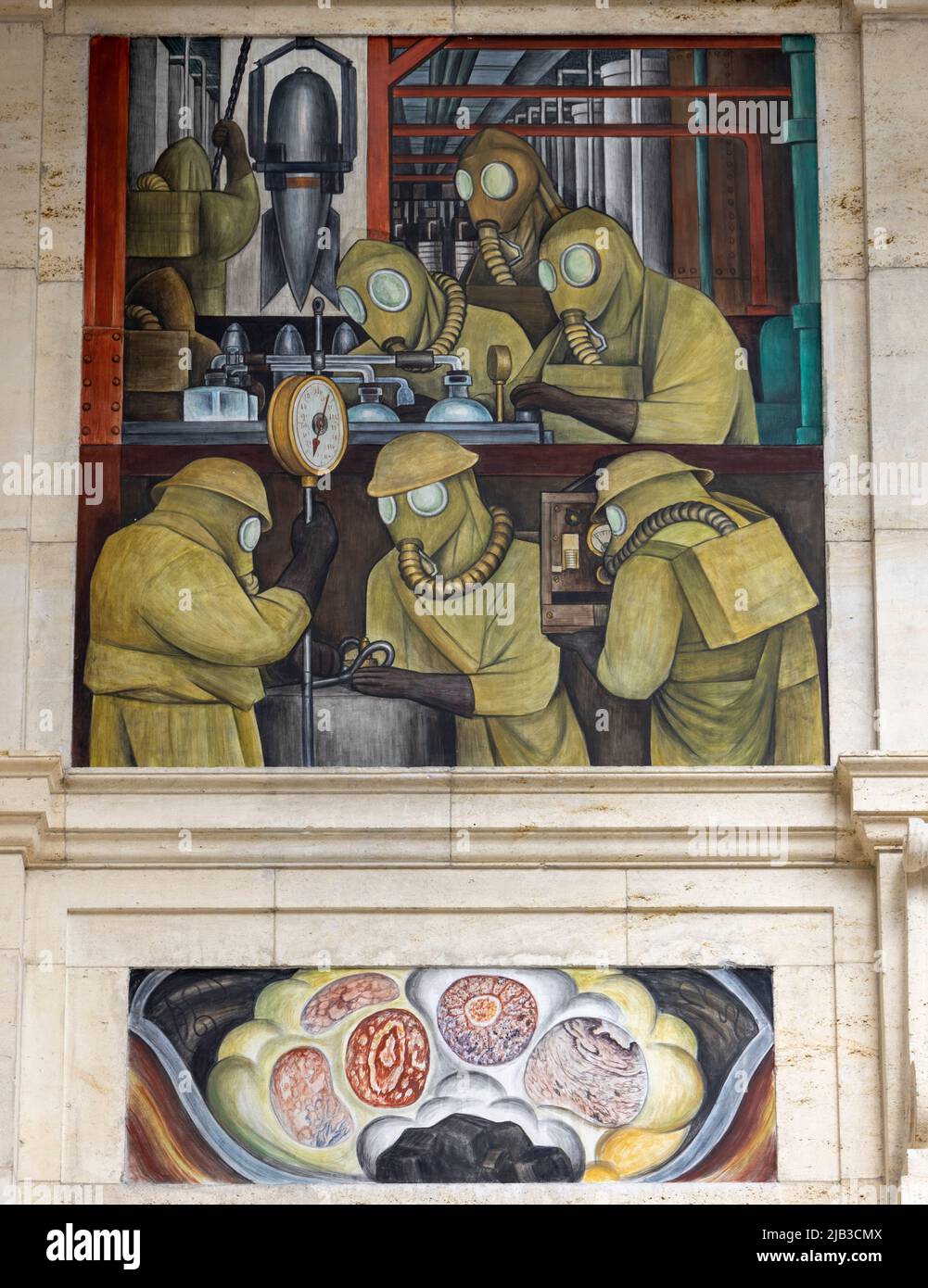 Detail, Nordwand, Bombenfabrik, die Detroit Industry Murals (1932–1933), Fresken von Diego Rivera, die die Industrie in Detroit, USA, darstellen Stockfoto